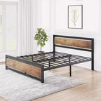 Lit plateforme industriel vintage avec tête de lit en bois rustique, 14 espaces de rangement sous le lit, sommier tapissier non requis, montage facile