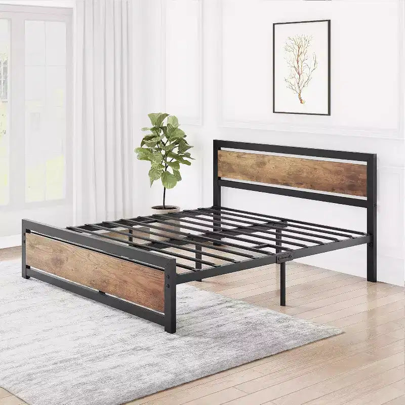Lit plateforme industriel vintage avec tête de lit en bois rustique, 14 espaces de rangement sous le lit, sommier tapissier non requis, montage facile