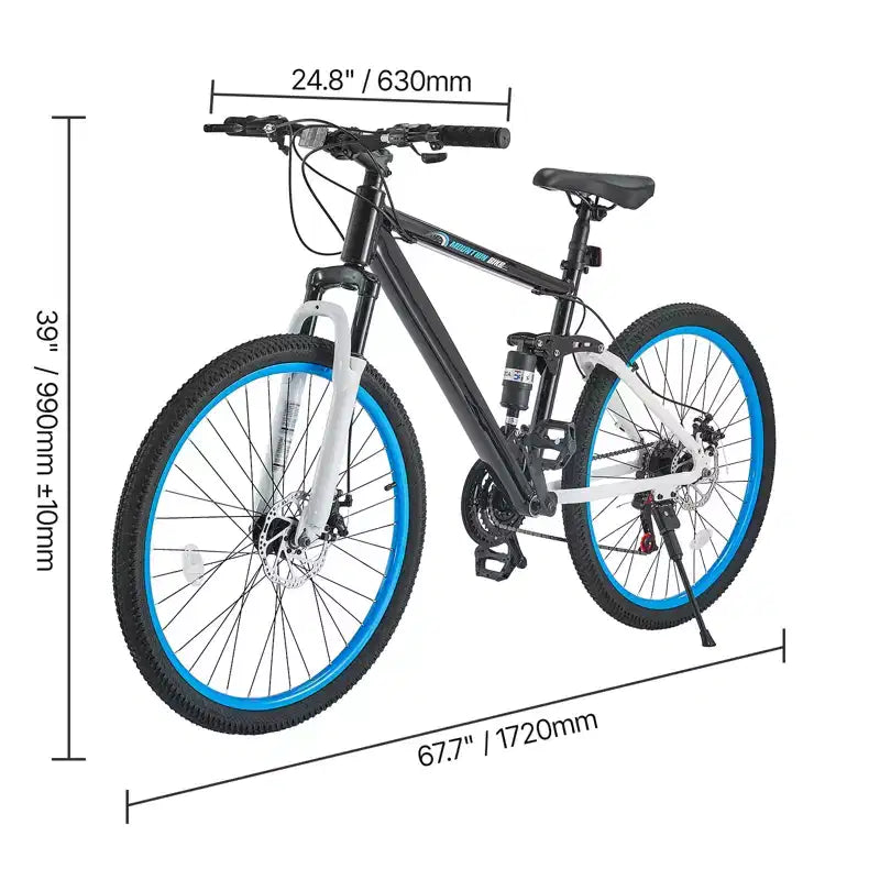 VTT VEVOR, VTT 26 pouces tout suspendu, dérailleur 21 vitesses, freins à double disque, cadre en alliage d'aluminium, noir et bleu
