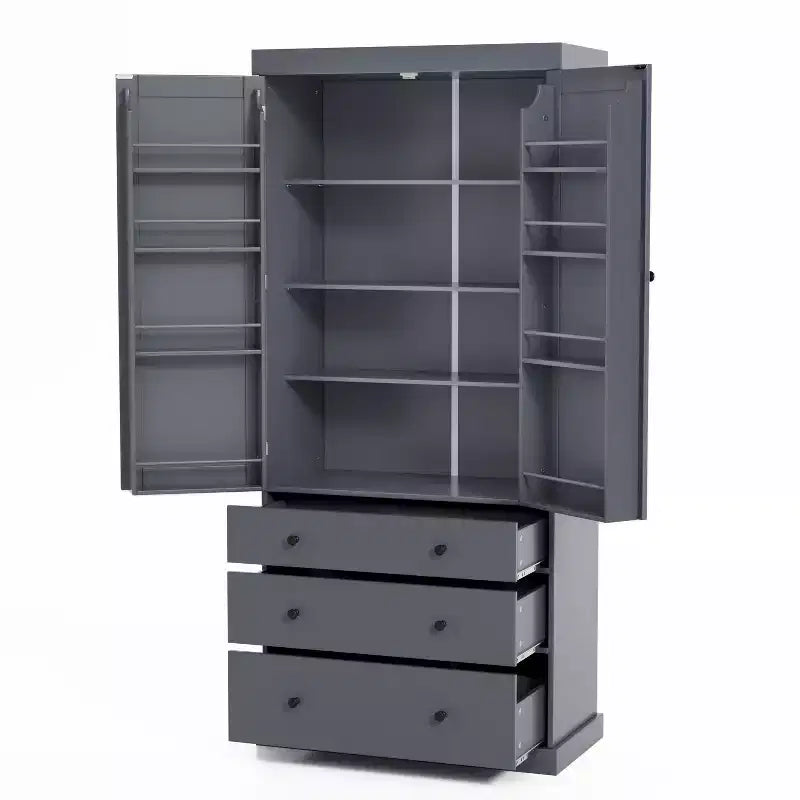Meuble de rangement Okak 77 pouces, Meuble de cuisine sur pied avec 3 étagères réglables, 8 étagères de porte, 3 tiroirs, Meuble de rangement pour la cuisine