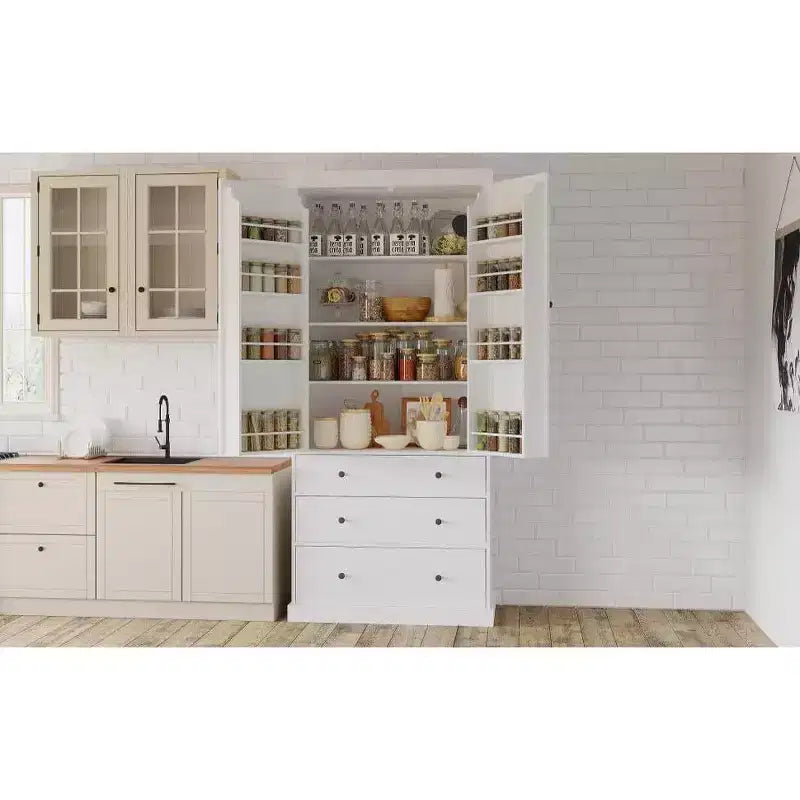 Meuble de rangement Okak 77 pouces, Meuble de cuisine sur pied avec 3 étagères réglables, 8 étagères de porte, 3 tiroirs, Meuble de rangement pour la cuisine