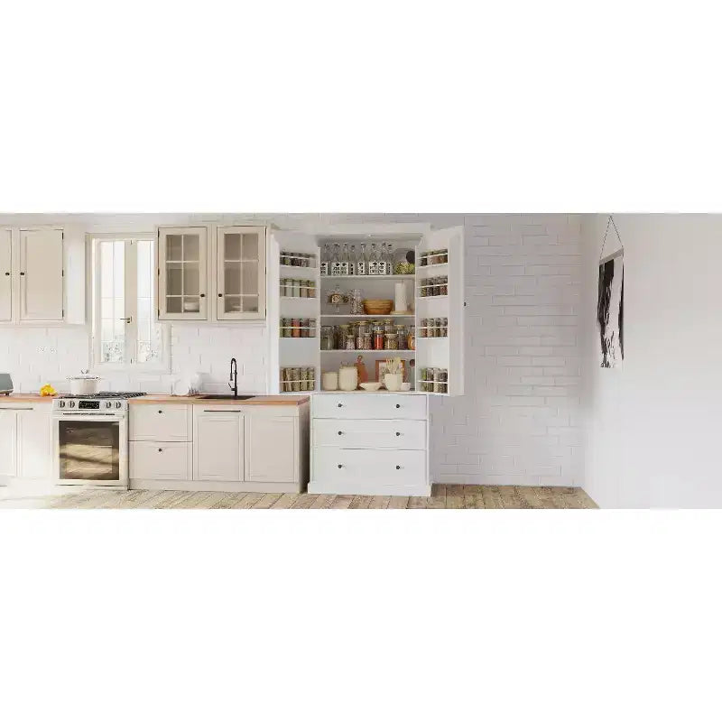 Meuble de rangement Okak 77 pouces, Meuble de cuisine sur pied avec 3 étagères réglables, 8 étagères de porte, 3 tiroirs, Meuble de rangement pour la cuisine