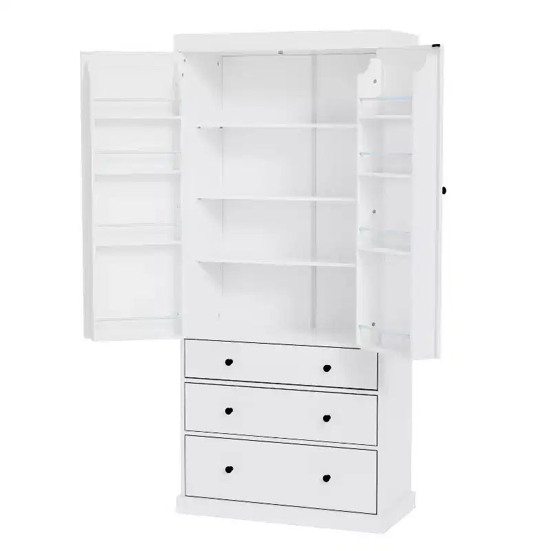 Meuble de rangement Okak 77 pouces, Meuble de cuisine sur pied avec 3 étagères réglables, 8 étagères de porte, 3 tiroirs, Meuble de rangement pour la cuisine