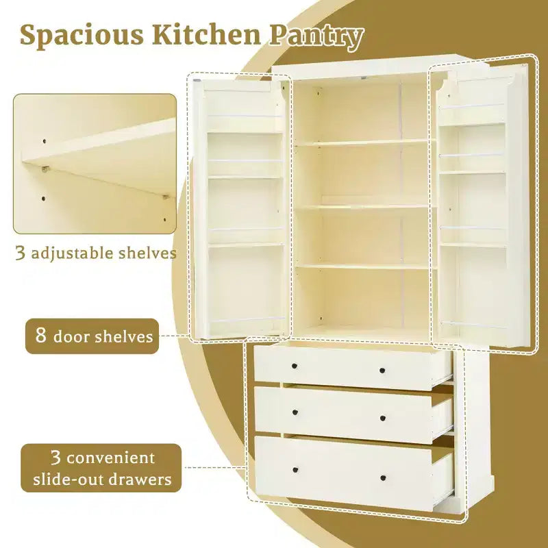 Meuble de rangement Okak 77 pouces, Meuble de cuisine sur pied avec 3 étagères réglables, 8 étagères de porte, 3 tiroirs, Meuble de rangement pour la cuisine