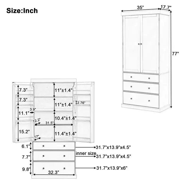 Meuble de rangement Okak 77 pouces, Meuble de cuisine sur pied avec 3 étagères réglables, 8 étagères de porte, 3 tiroirs, Meuble de rangement pour la cuisine