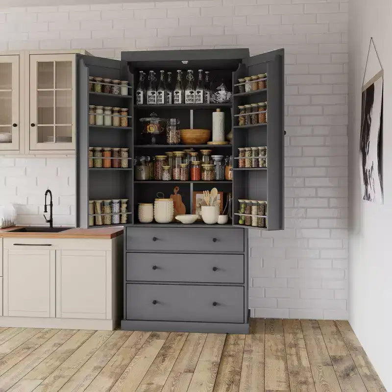 Meuble de rangement Okak 77 pouces, Meuble de cuisine sur pied avec 3 étagères réglables, 8 étagères de porte, 3 tiroirs, Meuble de rangement pour la cuisine