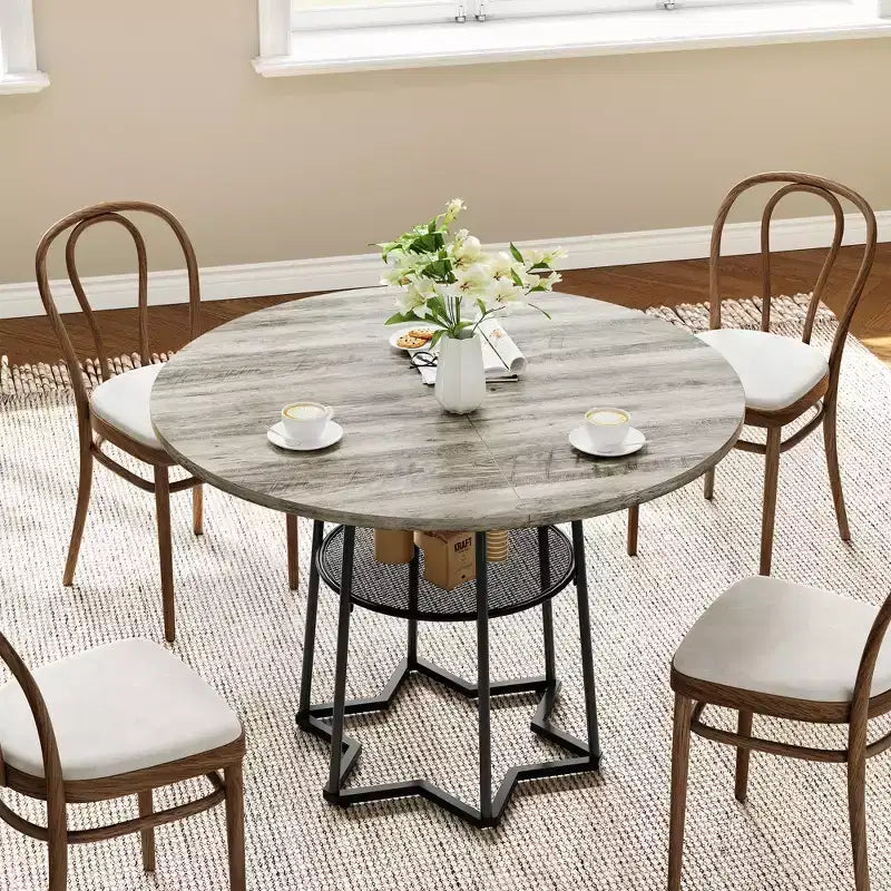 Table à manger ronde COZONY pour 4 personnes, table de cuisine de ferme de 38,6 po avec plateau en bois et base en métal, étagère de rangement, table de salle à manger rustique (table uniquement)