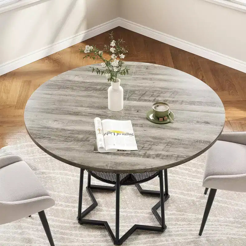 Table à manger ronde COZONY pour 4 personnes, table de cuisine de ferme de 38,6 po avec plateau en bois et base en métal, étagère de rangement, table de salle à manger rustique (table uniquement)