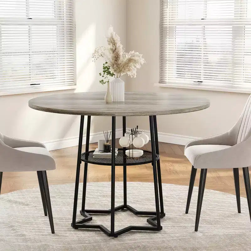 Table à manger ronde COZONY pour 4 personnes, table de cuisine de ferme de 38,6 po avec plateau en bois et base en métal, étagère de rangement, table de salle à manger rustique (table uniquement)
