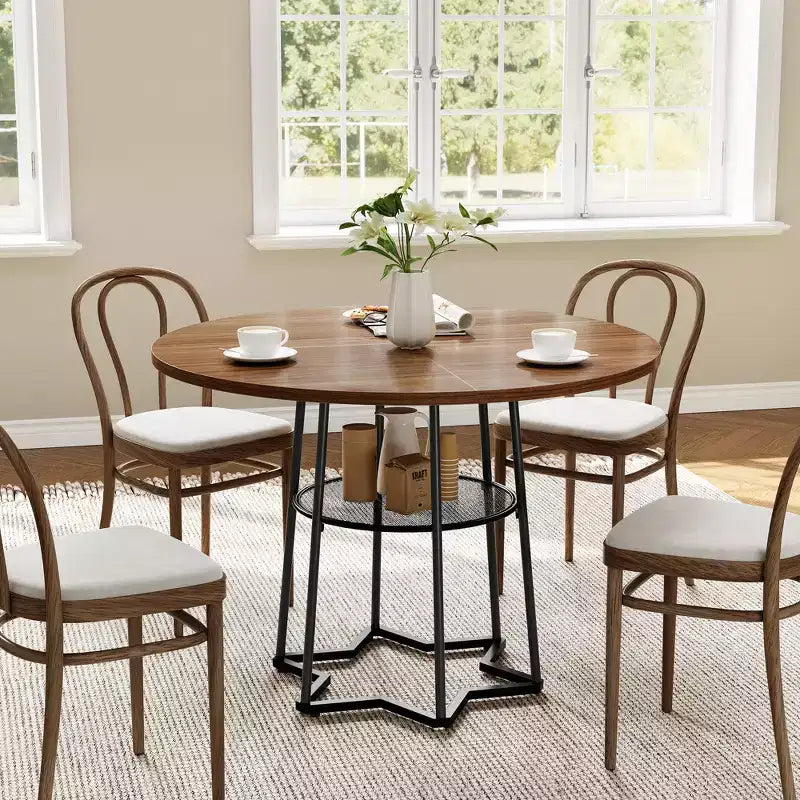 Table à manger ronde COZONY pour 4 personnes, table de cuisine de ferme de 38,6 po avec plateau en bois et base en métal, étagère de rangement, table de salle à manger rustique (table uniquement)