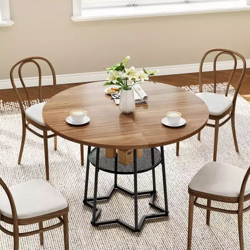 Table à manger ronde COZONY pour 4 personnes, table de cuisine de ferme de 38,6 po avec plateau en bois et base en métal, étagère de rangement, table de salle à manger rustique (table uniquement)