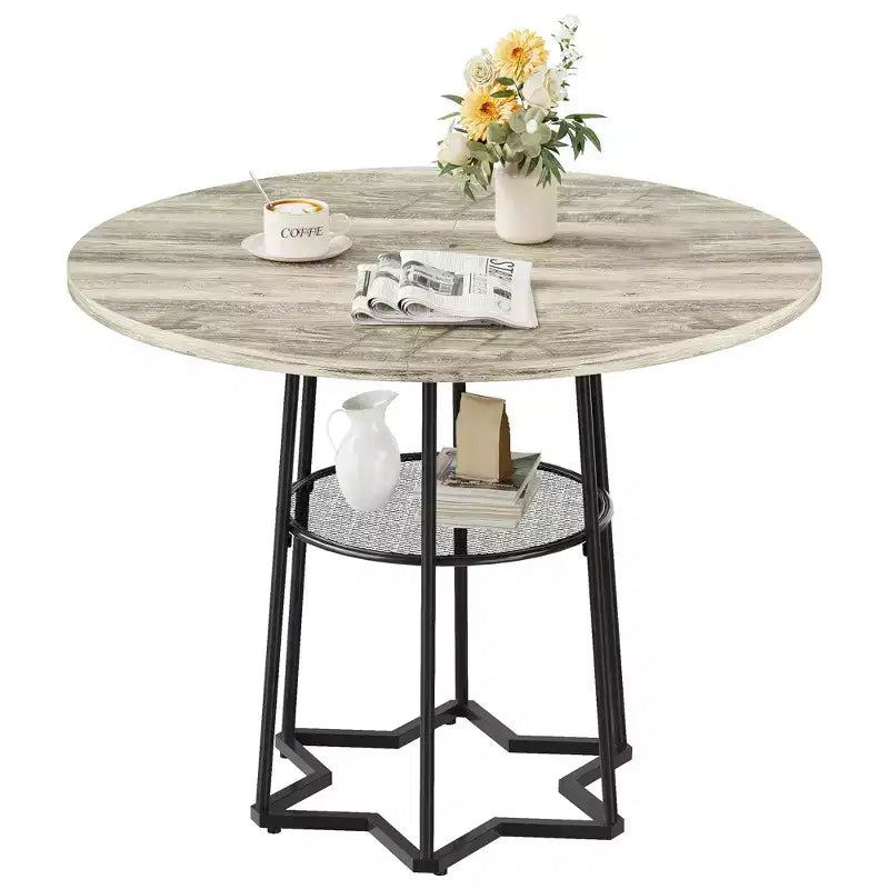 Table à manger ronde COZONY pour 4 personnes, table de cuisine de ferme de 38,6 po avec plateau en bois et base en métal, étagère de rangement, table de salle à manger rustique (table uniquement)