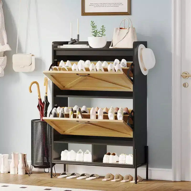 Meuble de rangement pour chaussures Coolmee pour entrée, organisateur de chaussures avec 2 tiroirs basculants, meuble de rangement étroit autoportant pour entrée