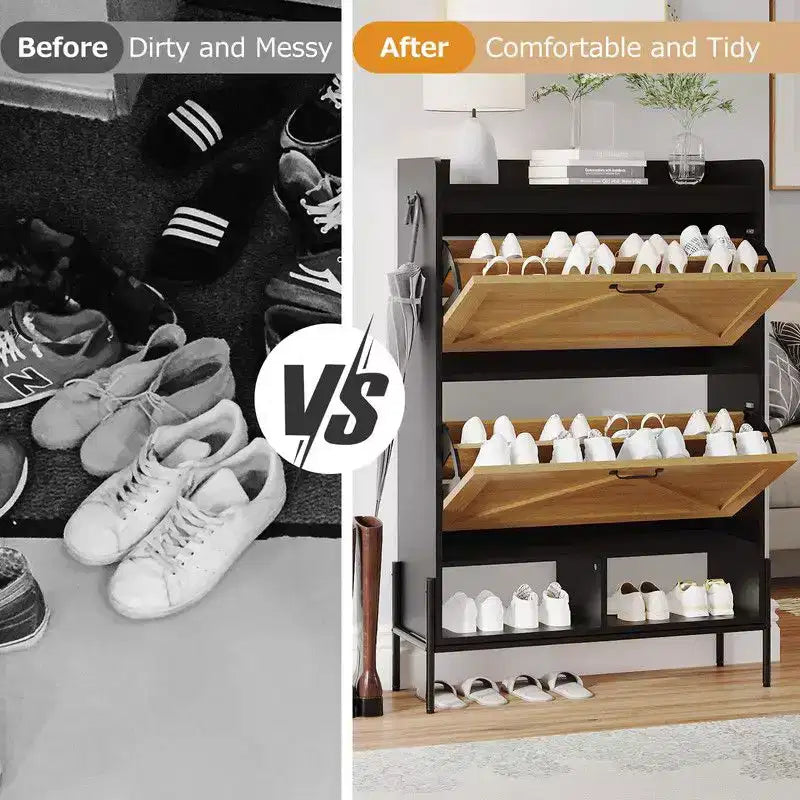Meuble de rangement pour chaussures Coolmee pour entrée, organisateur de chaussures avec 2 tiroirs basculants, meuble de rangement étroit autoportant pour entrée