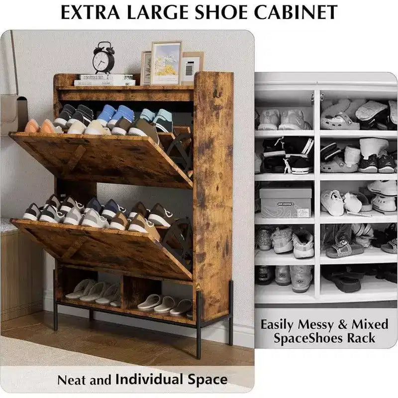 Meuble de rangement pour chaussures Coolmee pour entrée, organisateur de chaussures avec 2 tiroirs basculants, meuble de rangement étroit autoportant pour entrée