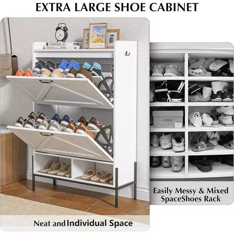 Meuble de rangement pour chaussures Coolmee pour entrée, organisateur de chaussures avec 2 tiroirs basculants, meuble de rangement étroit autoportant pour entrée