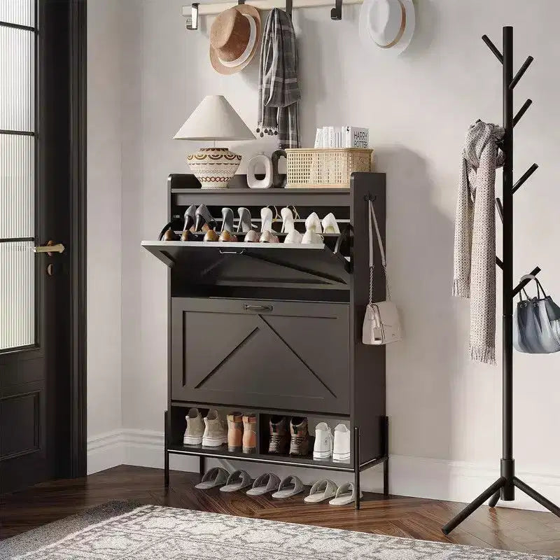 Meuble de rangement pour chaussures Coolmee pour entrée, organisateur de chaussures avec 2 tiroirs basculants, meuble de rangement étroit autoportant pour entrée