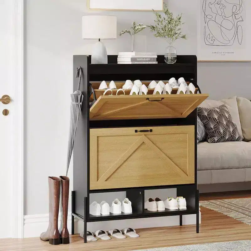 Meuble de rangement pour chaussures Coolmee pour entrée, organisateur de chaussures avec 2 tiroirs basculants, meuble de rangement étroit autoportant pour entrée