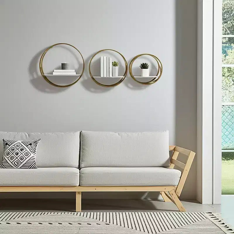 Étagères Murales de Rangement en Métal Moderne - Étagères Flottantes Rondes avec Cadre en Fer et Étagère en Bois - Décoration Maison, Bureau, Chambre - Lot de 3, Blanc