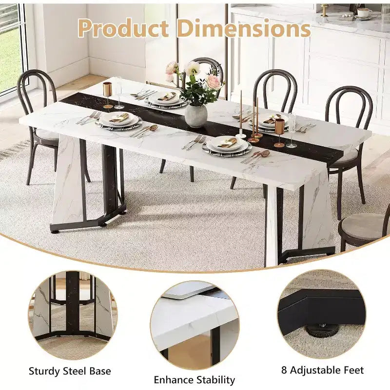 Zevemomo 70.9 Grande Table de Salle à Manger pour 8, Table de Ferme avec Plateau Spacieux et Base en Acier en V, 8 Pieds Réglables pour Cuisine, Salle à Manger - Blanc