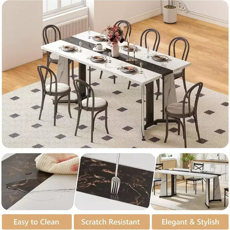 Zevemomo 70.9 Grande Table de Salle à Manger pour 8, Table de Ferme avec Plateau Spacieux et Base en Acier en V, 8 Pieds Réglables pour Cuisine, Salle à Manger - Blanc