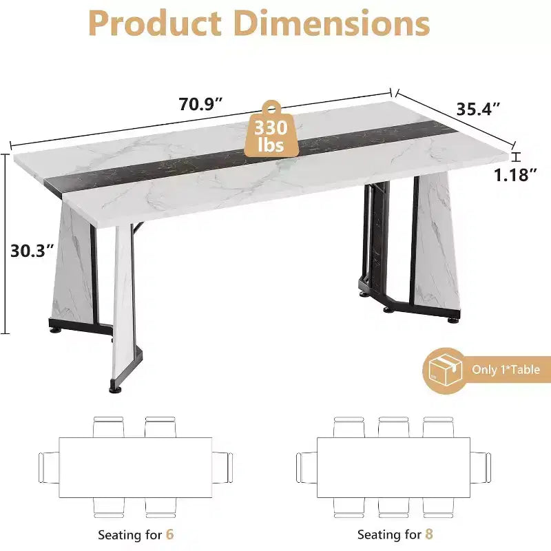 Zevemomo 70.9 Grande Table de Salle à Manger pour 8, Table de Ferme avec Plateau Spacieux et Base en Acier en V, 8 Pieds Réglables pour Cuisine, Salle à Manger - Blanc