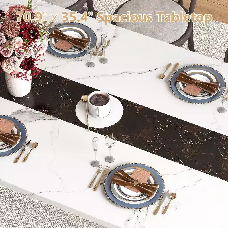 Zevemomo 70.9 Grande Table de Salle à Manger pour 8, Table de Ferme avec Plateau Spacieux et Base en Acier en V, 8 Pieds Réglables pour Cuisine, Salle à Manger - Blanc