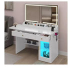 Coiffeuse moderne avec grand miroir 1 placard Coiffeuse pliable 2 tiroirs étagères, Ensemble coiffeuse pour chambre à coucher
