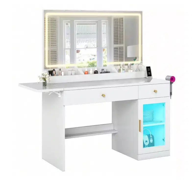 Coiffeuse moderne avec grand miroir 1 placard Coiffeuse pliable 2 tiroirs étagères, Ensemble coiffeuse pour chambre à coucher