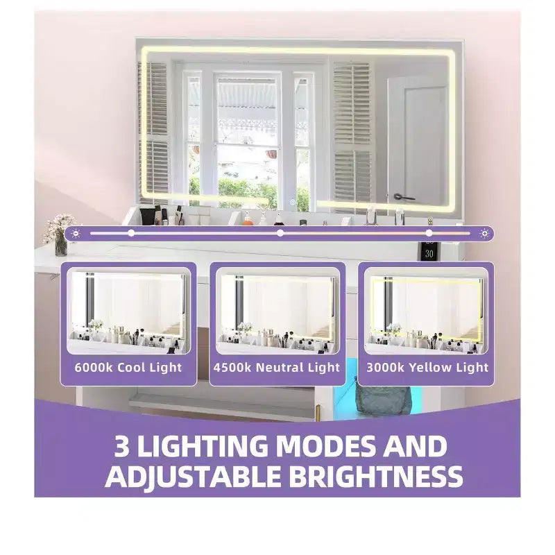 Coiffeuse moderne avec grand miroir 1 placard Coiffeuse pliable 2 tiroirs étagères, Ensemble coiffeuse pour chambre à coucher