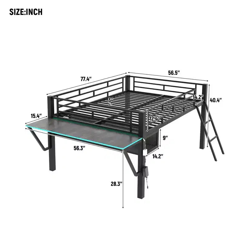 Lit mezzanine en métal pleine grandeur Bellemave avec bureau et lumières LED, lit mezzanine de jeu avec rangement, noir