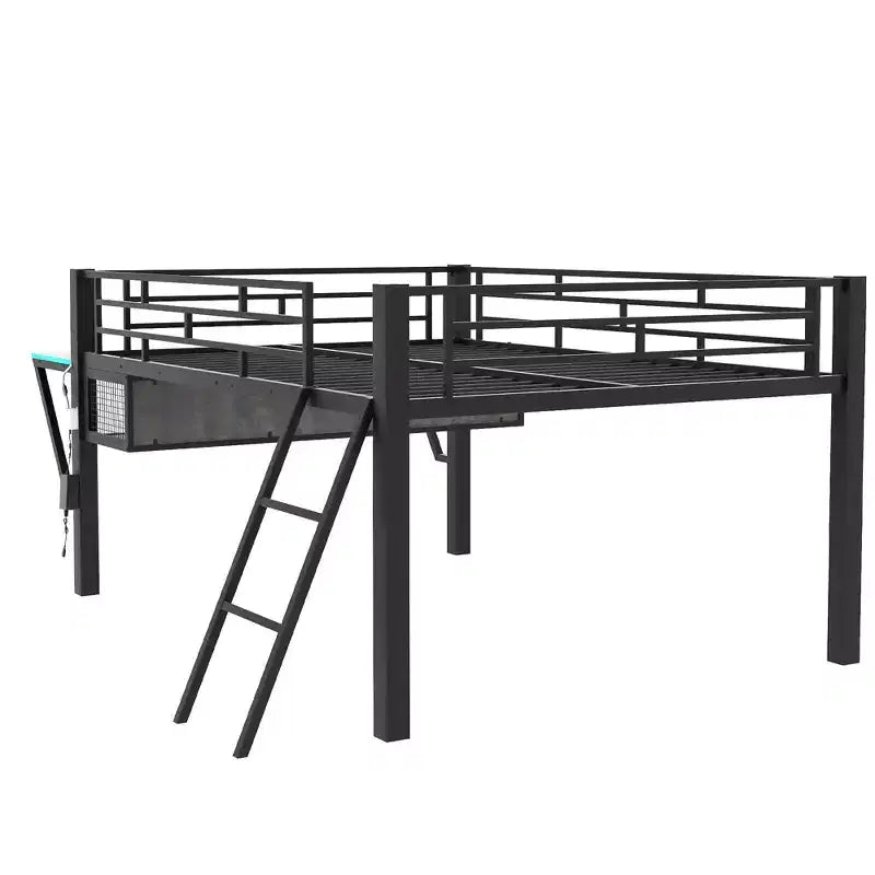 Lit mezzanine en métal pleine grandeur Bellemave avec bureau et lumières LED, lit mezzanine de jeu avec rangement, noir