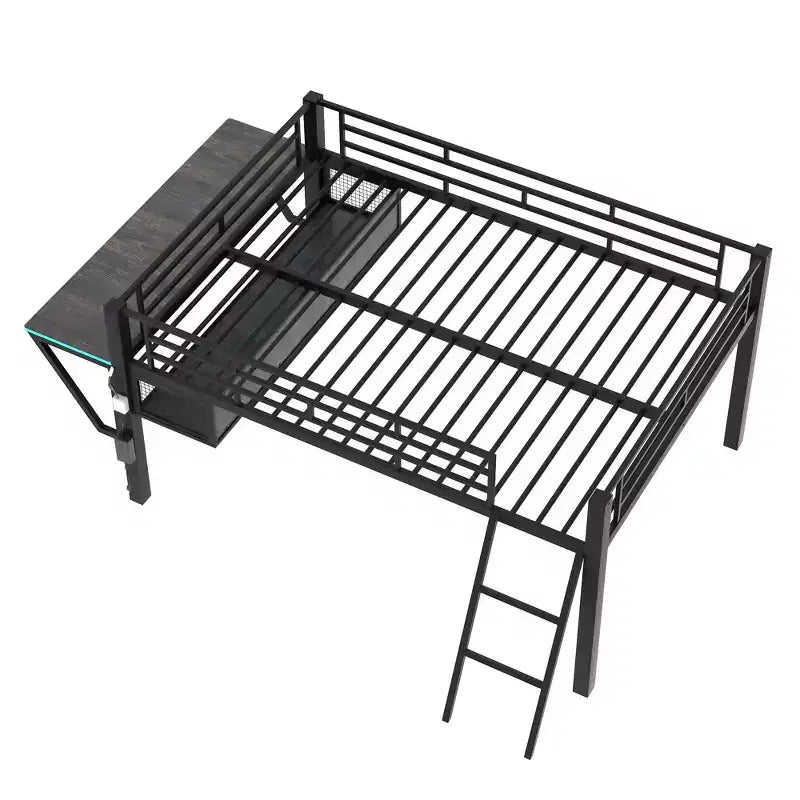 Lit mezzanine en métal pleine grandeur Bellemave avec bureau et lumières LED, lit mezzanine de jeu avec rangement, noir