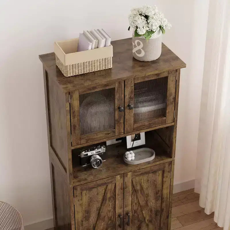 COZONY 54 Armoire de rangement de style campagnard avec portes en verre, étagères réglables, buffet autoportant pour cuisine, salle de bain, salon