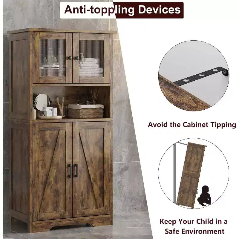 COZONY 54 Armoire de rangement de style campagnard avec portes en verre, étagères réglables, buffet autoportant pour cuisine, salle de bain, salon
