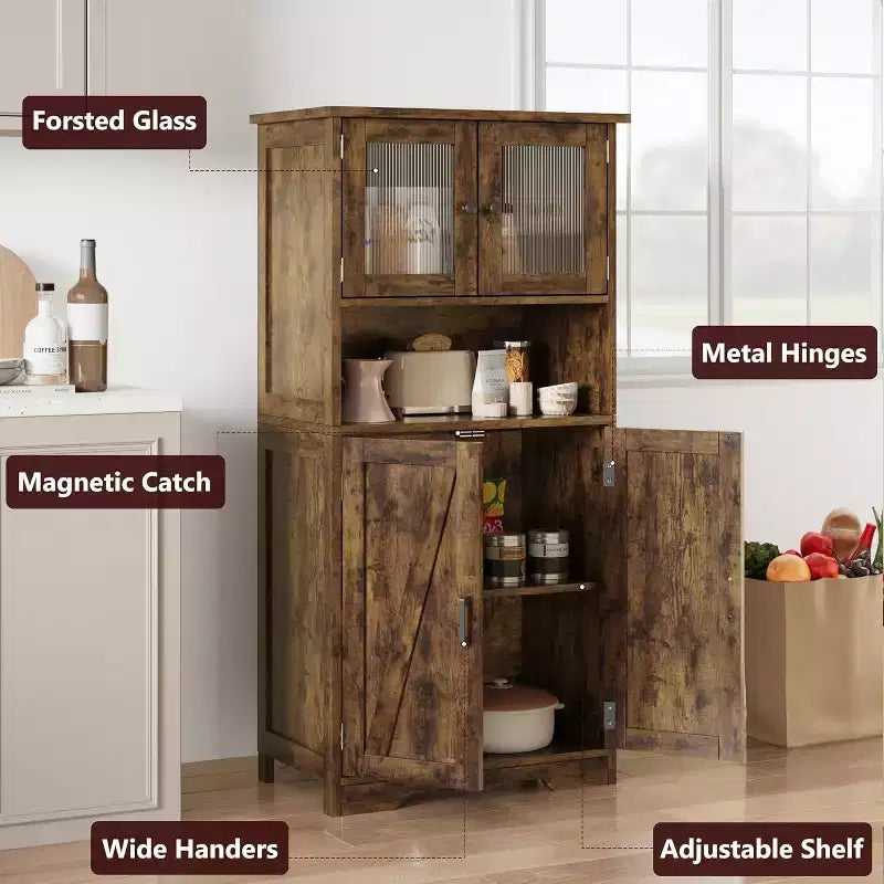 COZONY 54 Armoire de rangement de style campagnard avec portes en verre, étagères réglables, buffet autoportant pour cuisine, salle de bain, salon