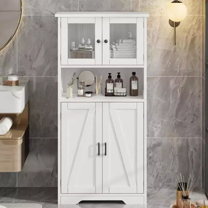 COZONY 54 Armoire de rangement de style campagnard avec portes en verre, étagères réglables, buffet autoportant pour cuisine, salle de bain, salon