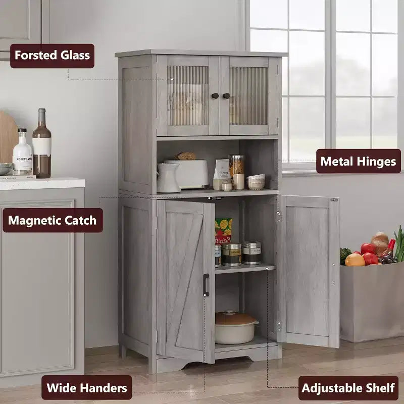 COZONY 54 Armoire de rangement de style campagnard avec portes en verre, étagères réglables, buffet autoportant pour cuisine, salle de bain, salon