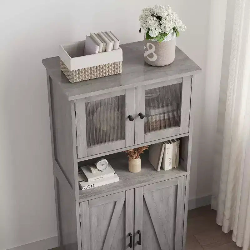 COZONY 54 Armoire de rangement de style campagnard avec portes en verre, étagères réglables, buffet autoportant pour cuisine, salle de bain, salon
