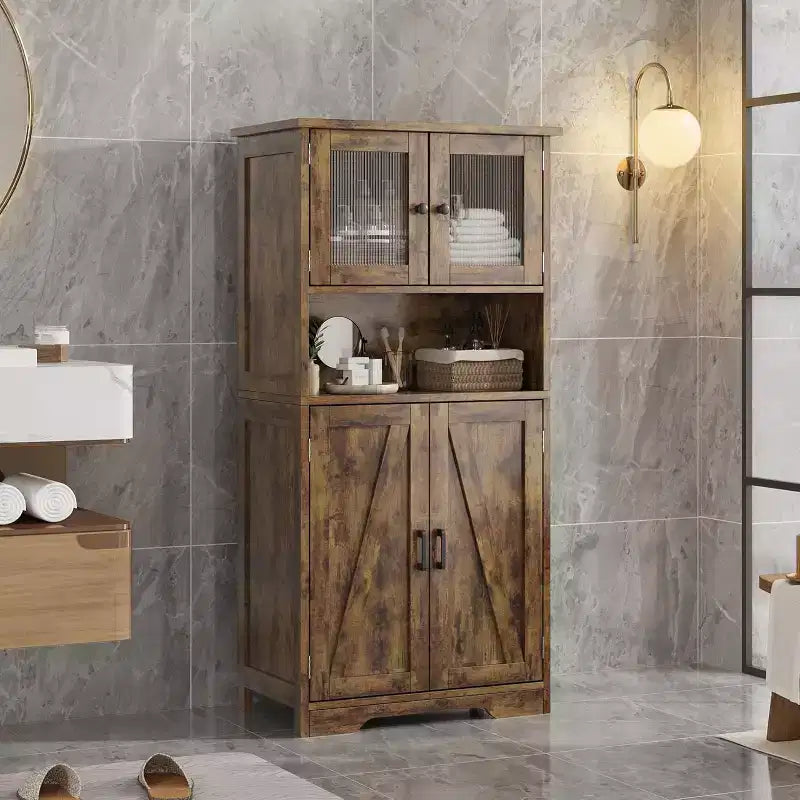 COZONY 54 Armoire de rangement de style campagnard avec portes en verre, étagères réglables, buffet autoportant pour cuisine, salle de bain, salon