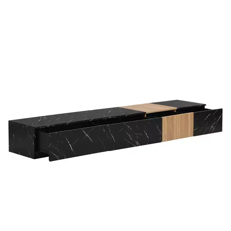 Meuble TV Whisen 88 avec finition imitation marbre et grain de bois noyer, centre de divertissement moderne avec 4 tiroirs de rangement