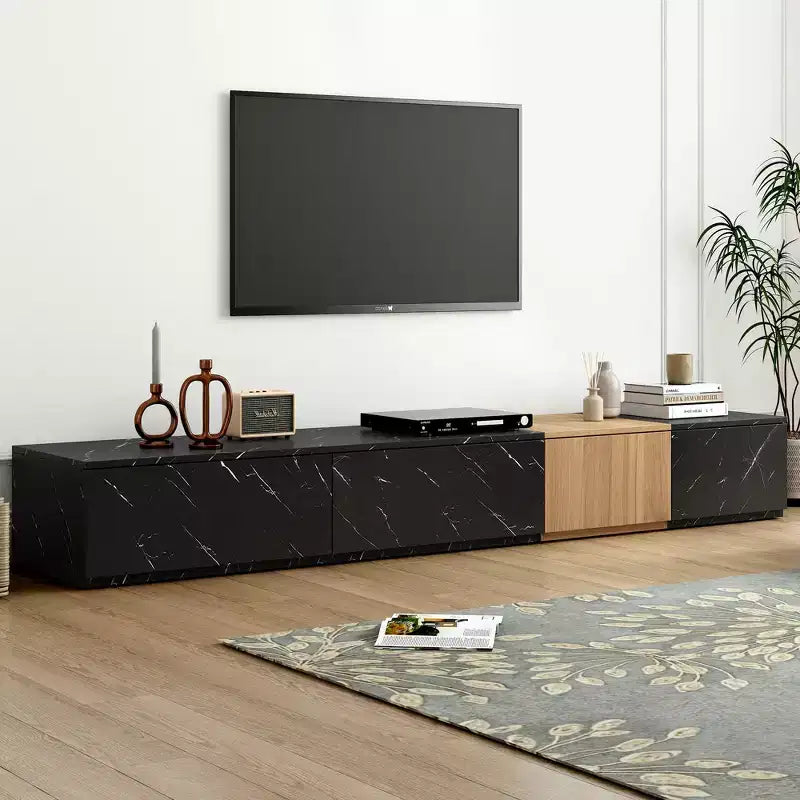 Meuble TV Whisen 88 avec finition imitation marbre et grain de bois noyer, centre de divertissement moderne avec 4 tiroirs de rangement