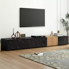 Meuble TV Whisen 88 avec finition imitation marbre et grain de bois noyer, centre de divertissement moderne avec 4 tiroirs de rangement