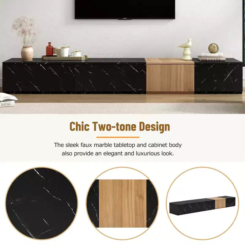 Meuble TV Whisen 88 avec finition imitation marbre et grain de bois noyer, centre de divertissement moderne avec 4 tiroirs de rangement