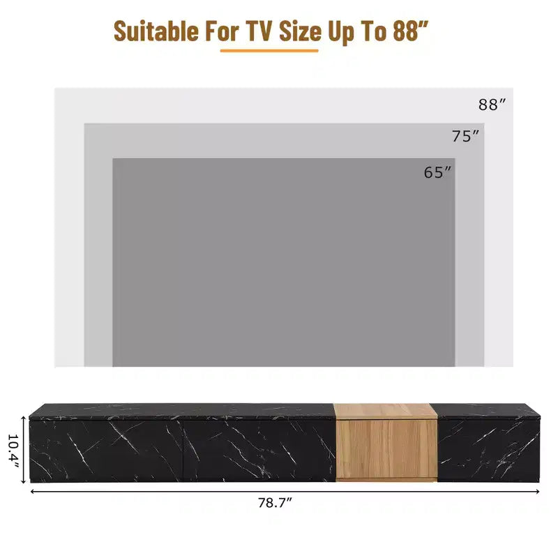 Meuble TV Whisen 88 avec finition imitation marbre et grain de bois noyer, centre de divertissement moderne avec 4 tiroirs de rangement