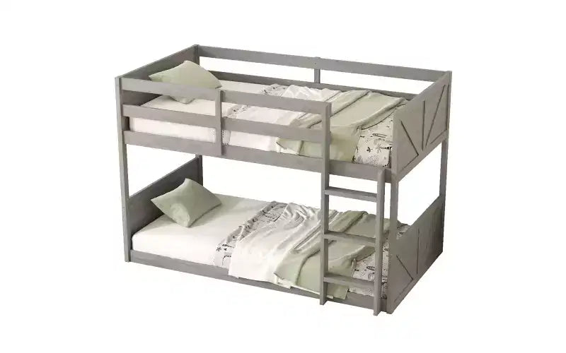 Lit superposé jumeau sur jumeau ZevemomoLow, cadre en bois d'hévéa massif avec échelle intégrée, pour petits espaces, chambre à coucher, gain de place, pas besoin de sommier, blanc