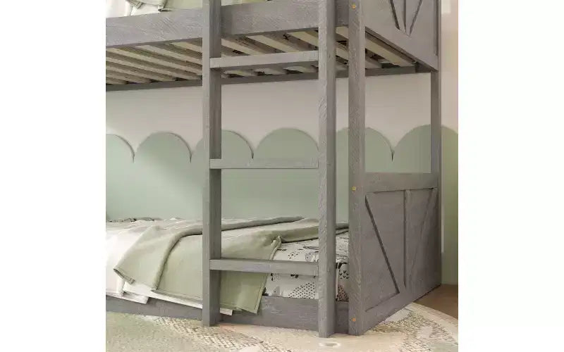 Lit superposé jumeau sur jumeau ZevemomoLow, cadre en bois d'hévéa massif avec échelle intégrée, pour petits espaces, chambre à coucher, gain de place, pas besoin de sommier, blanc