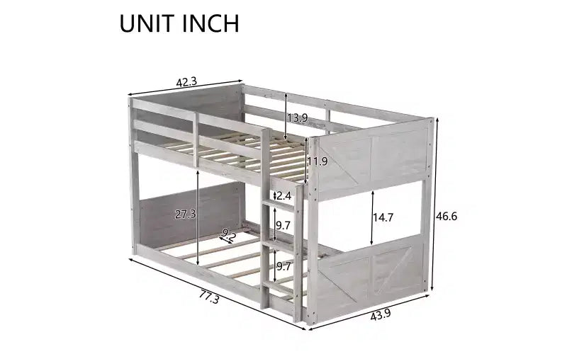 Lit superposé jumeau sur jumeau ZevemomoLow, cadre en bois d'hévéa massif avec échelle intégrée, pour petits espaces, chambre à coucher, gain de place, pas besoin de sommier, blanc