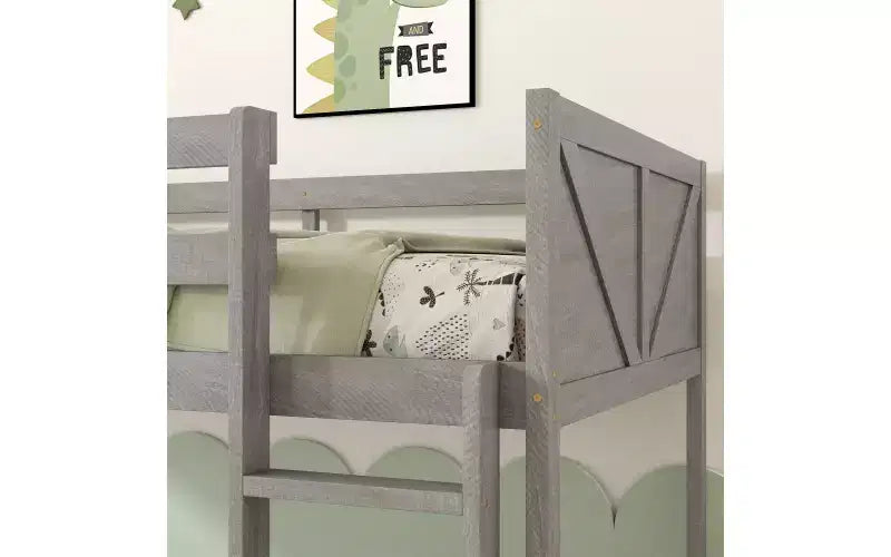Lit superposé jumeau sur jumeau ZevemomoLow, cadre en bois d'hévéa massif avec échelle intégrée, pour petits espaces, chambre à coucher, gain de place, pas besoin de sommier, blanc