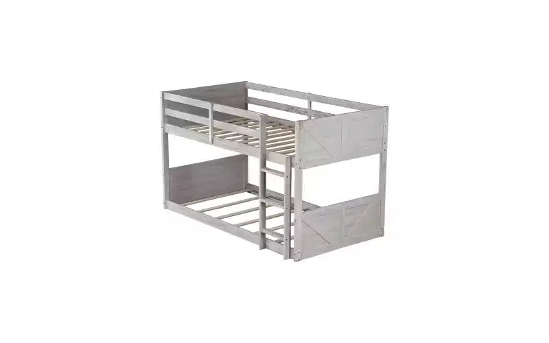 Lit superposé jumeau sur jumeau ZevemomoLow, cadre en bois d'hévéa massif avec échelle intégrée, pour petits espaces, chambre à coucher, gain de place, pas besoin de sommier, blanc